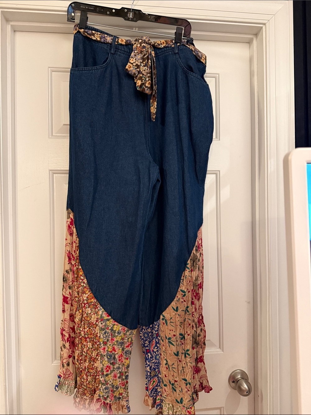Young Threads Boho Patchwork Denim Wide-Leg Pants with Floral Panels